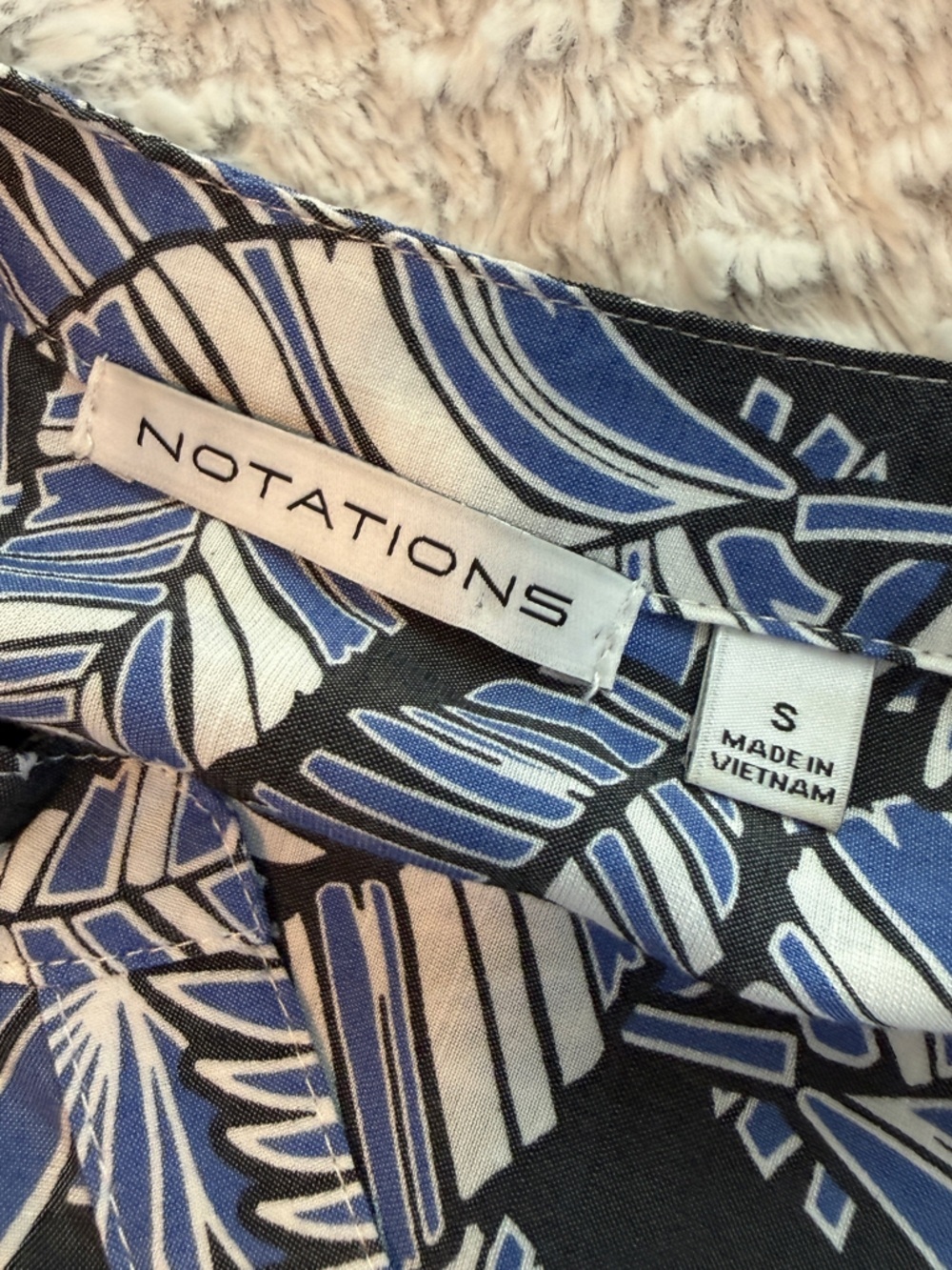 Notations Blue and Black Tropical Print Henley Blouse - Picture 5 of 7